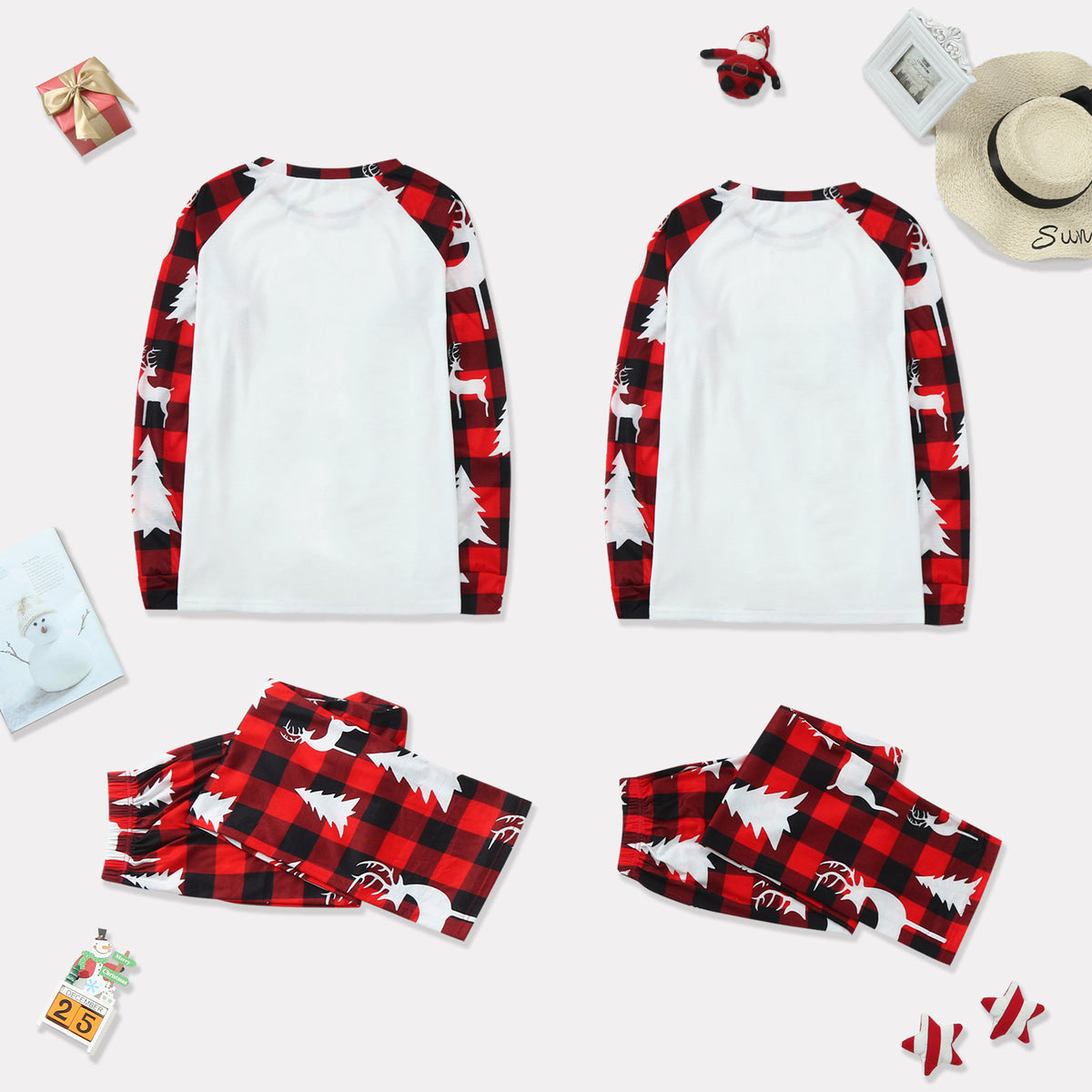 Merry Christmas Deer White and Red Plaid Christmas matching PJS set.