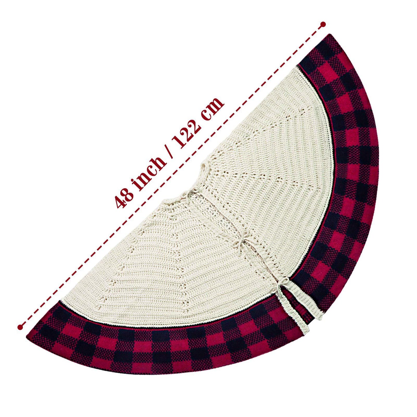 Knitted Ivory White Christmas Skirt with Buffalo Plaid Edges