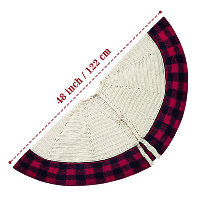 Knitted Ivory White Christmas Skirt with Buffalo Plaid Edges