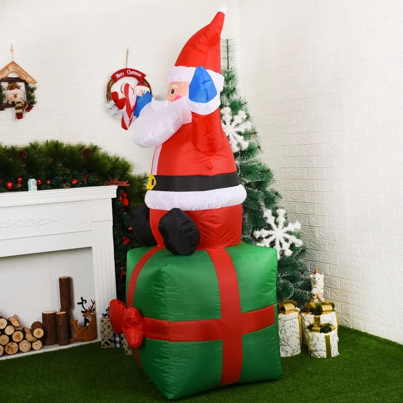 6ft Christmas Inflatable Santa Claus Sitting on Gift Box Built-in LED Lights for Xmas Party Outdoor Patio Garden-