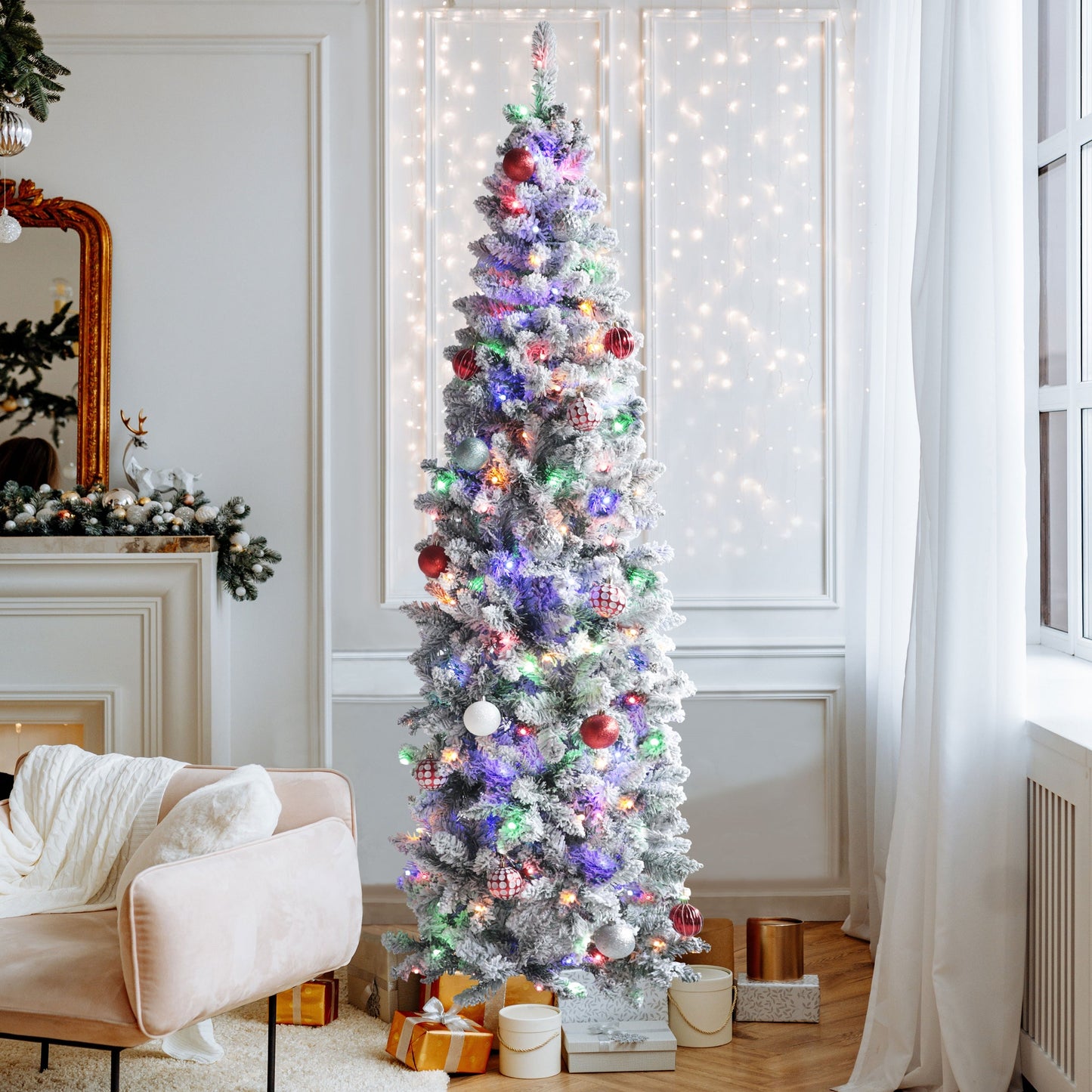 6ft Pencil Christmas Tree with Flocked Snow and Metal Stand