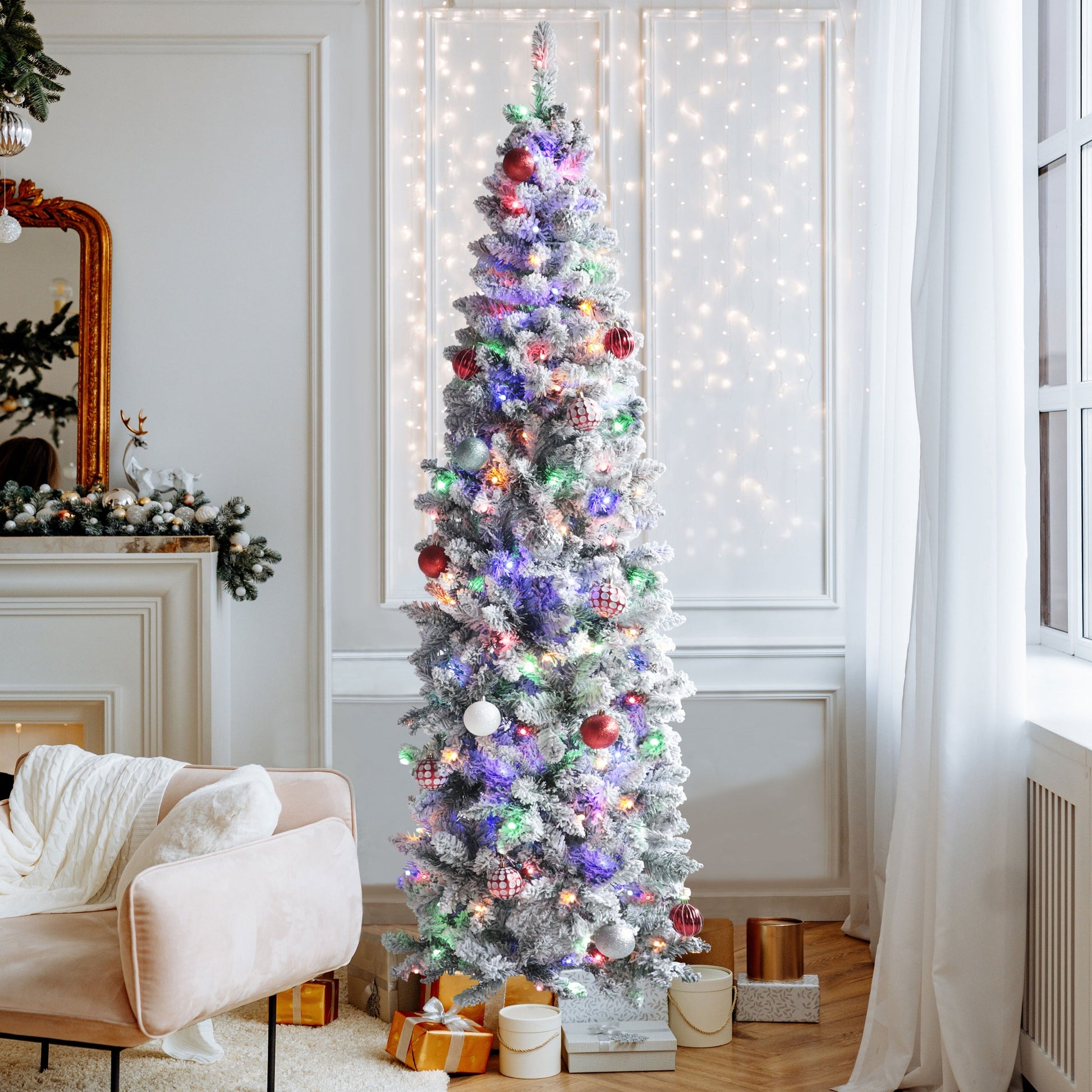 6ft Pencil Christmas Tree with Flocked Snow and Metal Stand