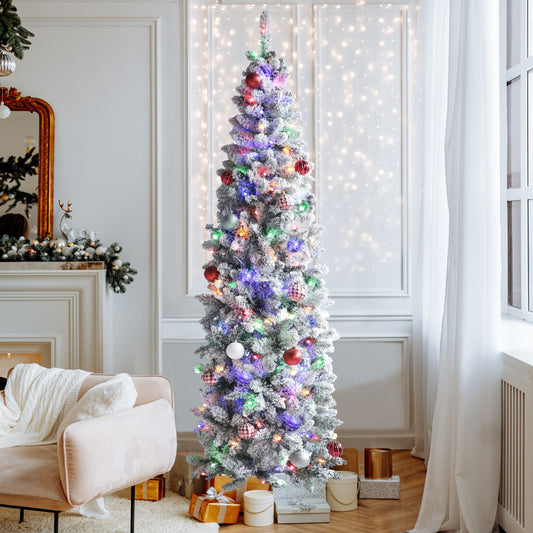 6ft Pencil Christmas Tree with Flocked Snow and Metal Stand