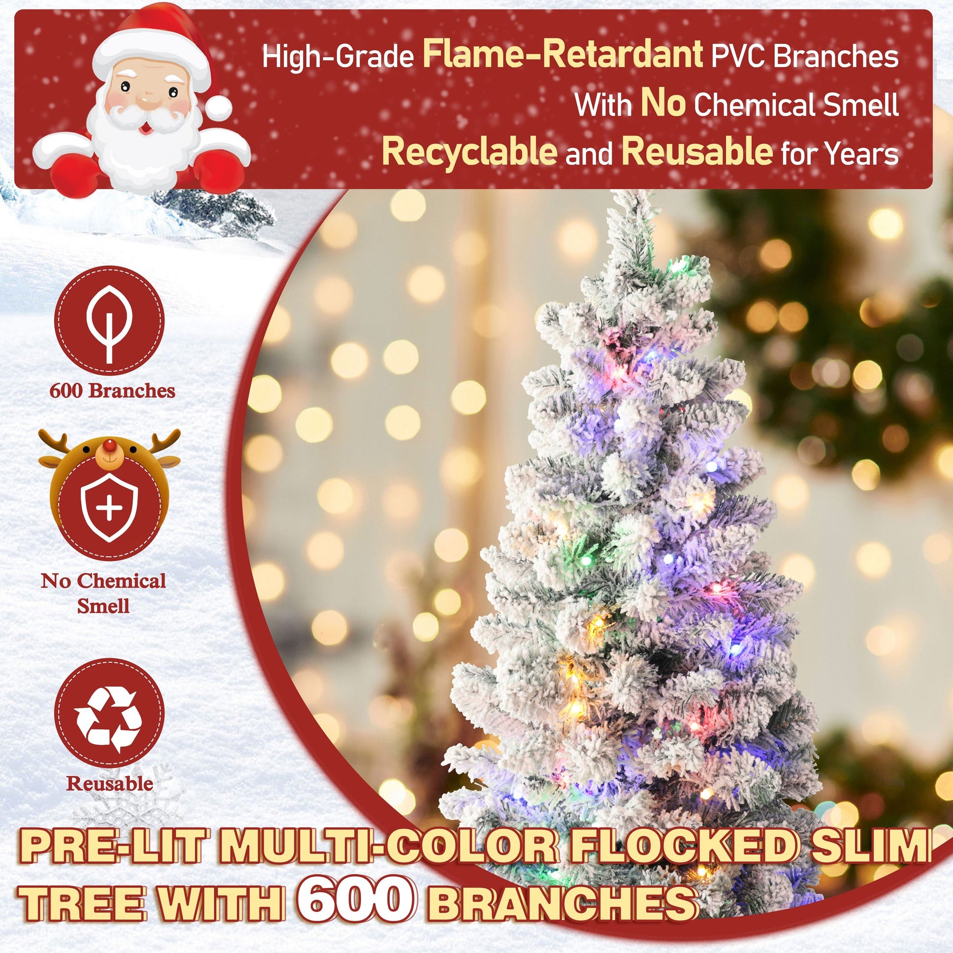 6ft Pencil Christmas Tree with Flocked Snow and Metal Stand