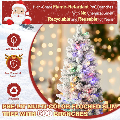 6ft Pencil Christmas Tree with Flocked Snow and Metal Stand