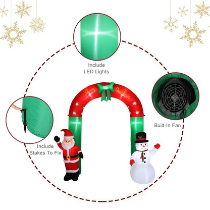 8 Ft. Tall Christmas Arch with Snowman and Santa Inflatables Outdoor Decoration with LED Lights