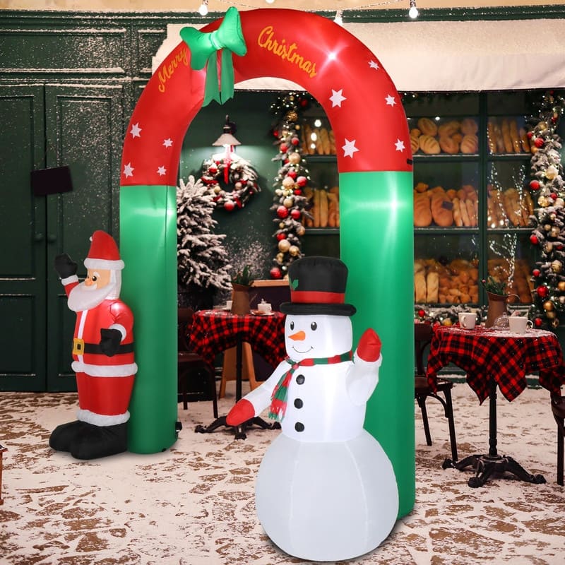 8 Ft. Tall Christmas Arch with Snowman and Santa Inflatables Outdoor Decoration with LED Lights