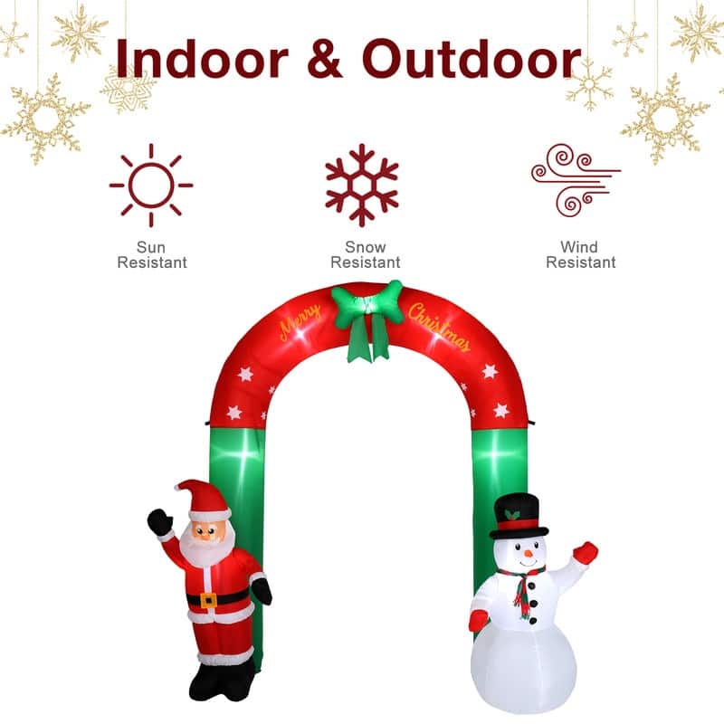 8 Ft. Tall Christmas Arch with Snowman and Santa Inflatables Outdoor Decoration with LED Lights