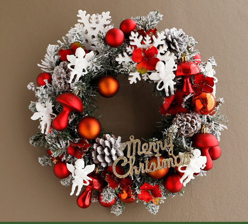 Front door Christmas wreath haven with ribbon and ornaments