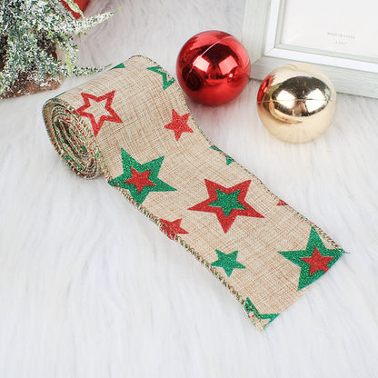 6.5ft Burlap Christmas Wired Ribbon with christmas print.