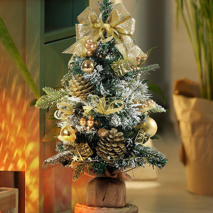 20" Snow Frosted Small Pine Mini Christmas Tree with ribbon and pinecones/ GOLD