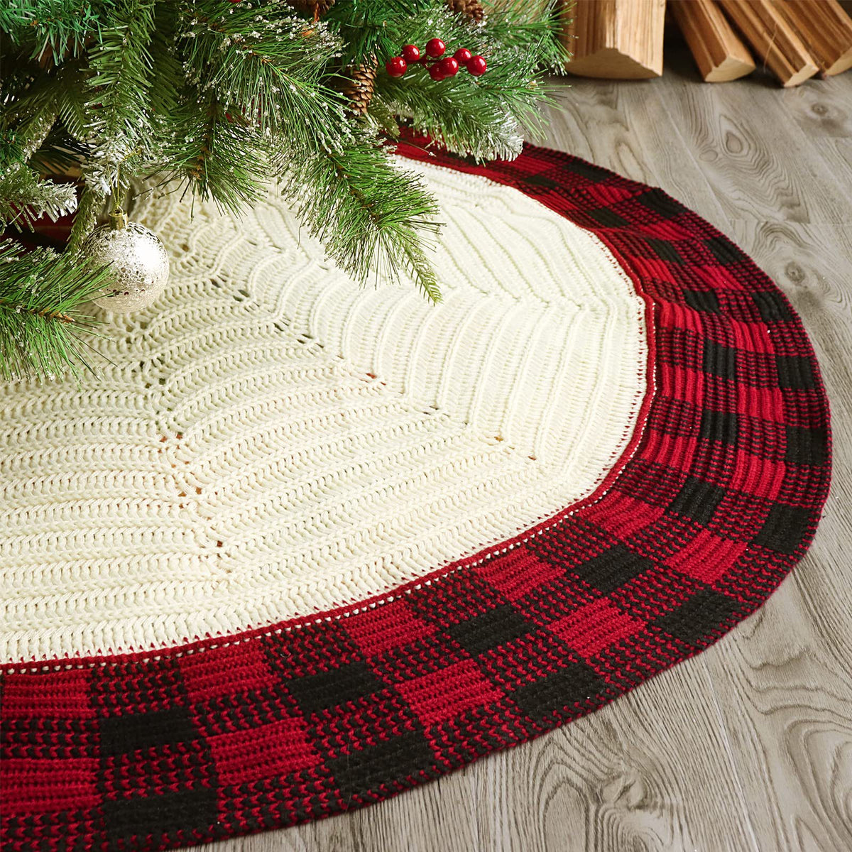 Knitted Ivory White Christmas Skirt with Buffalo Plaid Edges