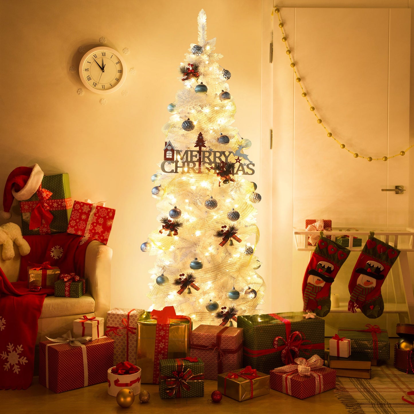 7ft Pre-Lit White Pencil Artificial Christmas Tree  for Home Holiday Decor.
