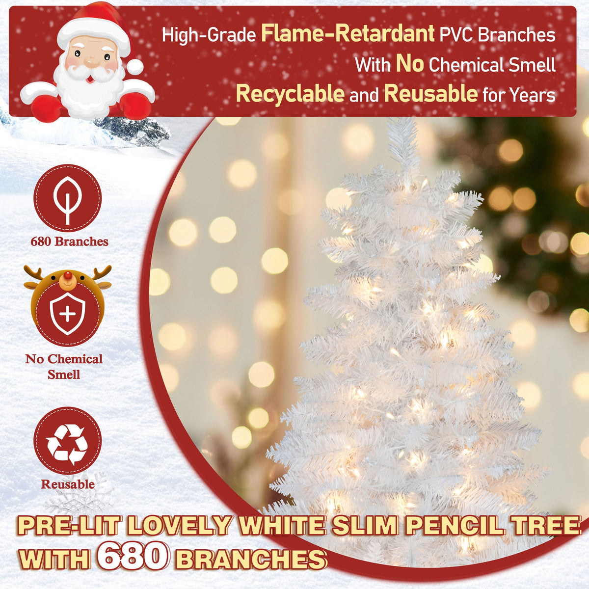 7ft Pre-Lit White Pencil Artificial Christmas Tree  for Home Holiday Decor.