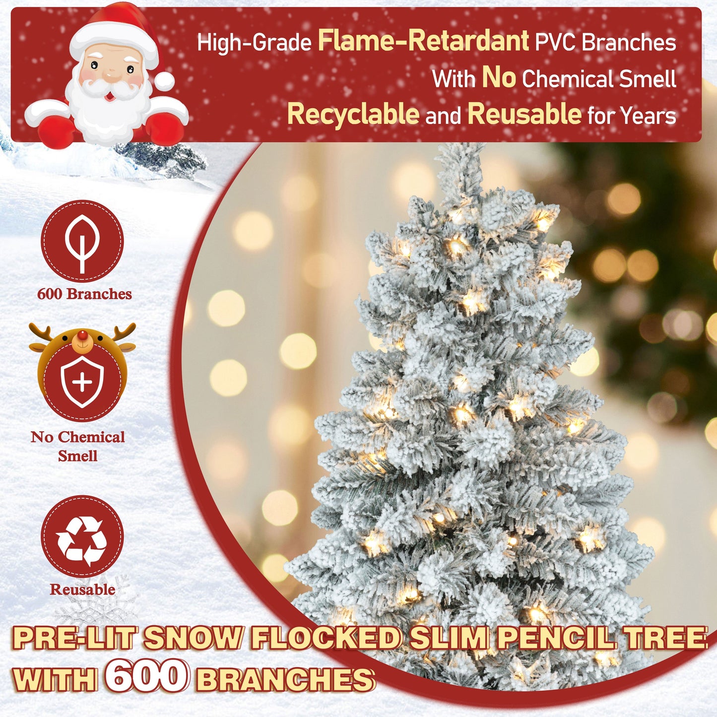 Pre-lit Snow Flocked Artificial Pencil Christmas Tree