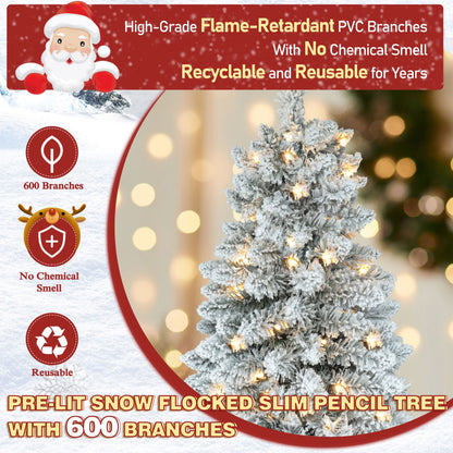 Pre-lit Snow Flocked Artificial Pencil Christmas Tree