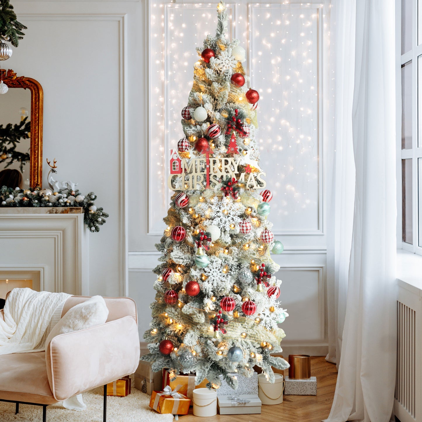Pre-lit Snow Flocked Artificial Pencil Christmas Tree