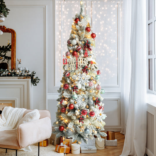 Pre-lit Snow Flocked Artificial Pencil Christmas Tree