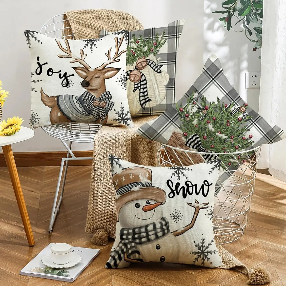 Deer and snowman Christmas cushion cover 18x18 set of 4