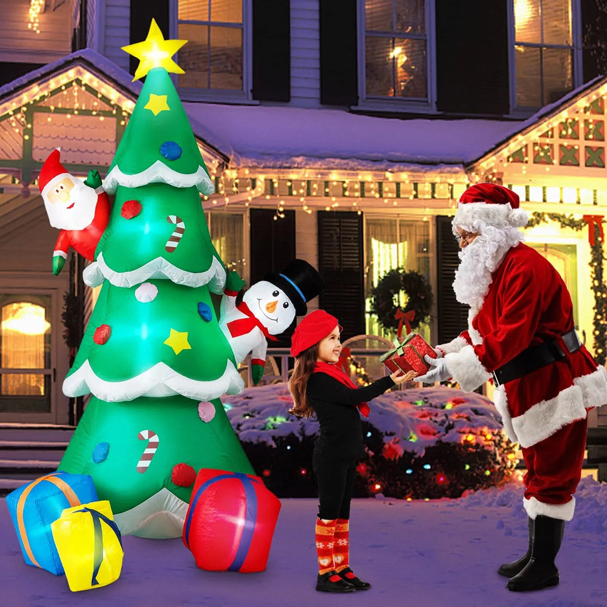 8ft Pre lit Giant Inflatable Santa Claus Christmas Tree 2.4M with LED Lights Blow Up Christmas Decorations