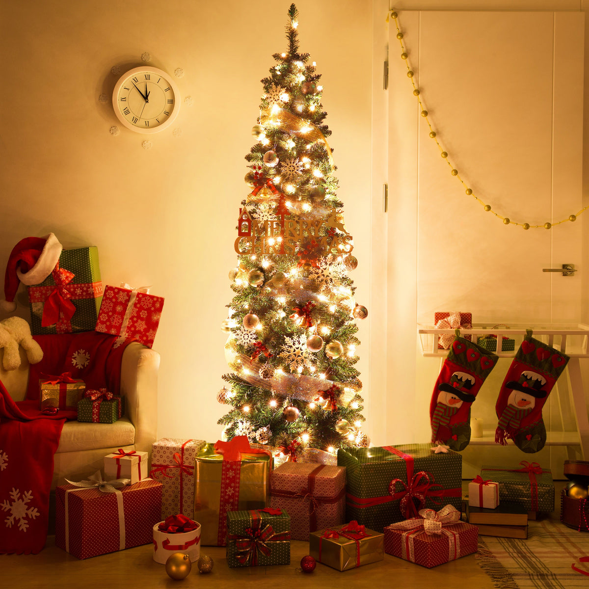 6FT Slim Pencil Christmas Tree Pre-lit with Lights, Artificial Holiday Christmas Tree Home Decoration