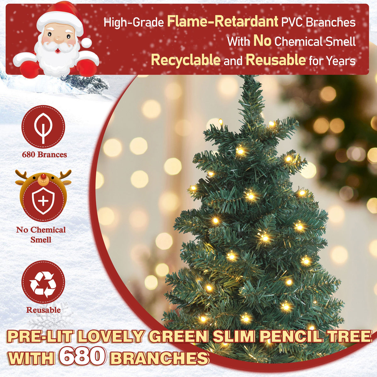 7FT Slim Pencil Christmas Tree Pre-lit with Lights, Artificial Holiday Christmas Tree Home Decoration