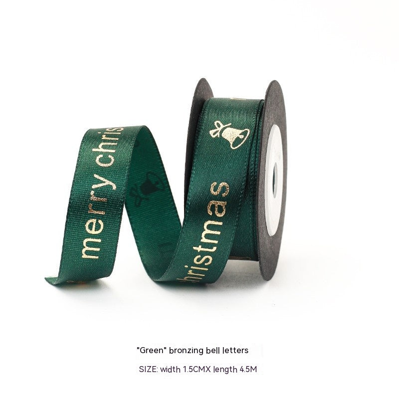 green and gold merry christmas ribbon with bell