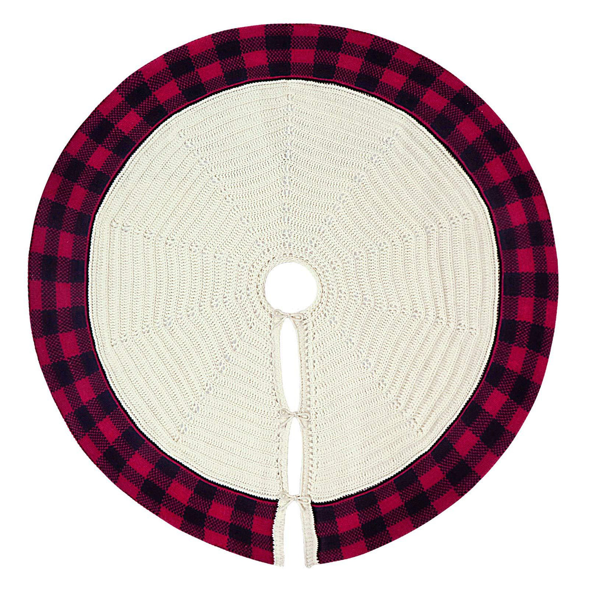 Knitted Ivory White Christmas Skirt with Buffalo Plaid Edges