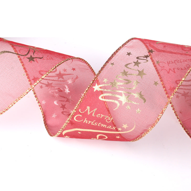 6.5ft Red and Gold organza wired sheer merry Christmas wired Ribbon