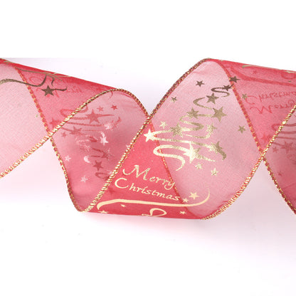 6.5ft Red and Gold organza wired sheer merry Christmas wired Ribbon