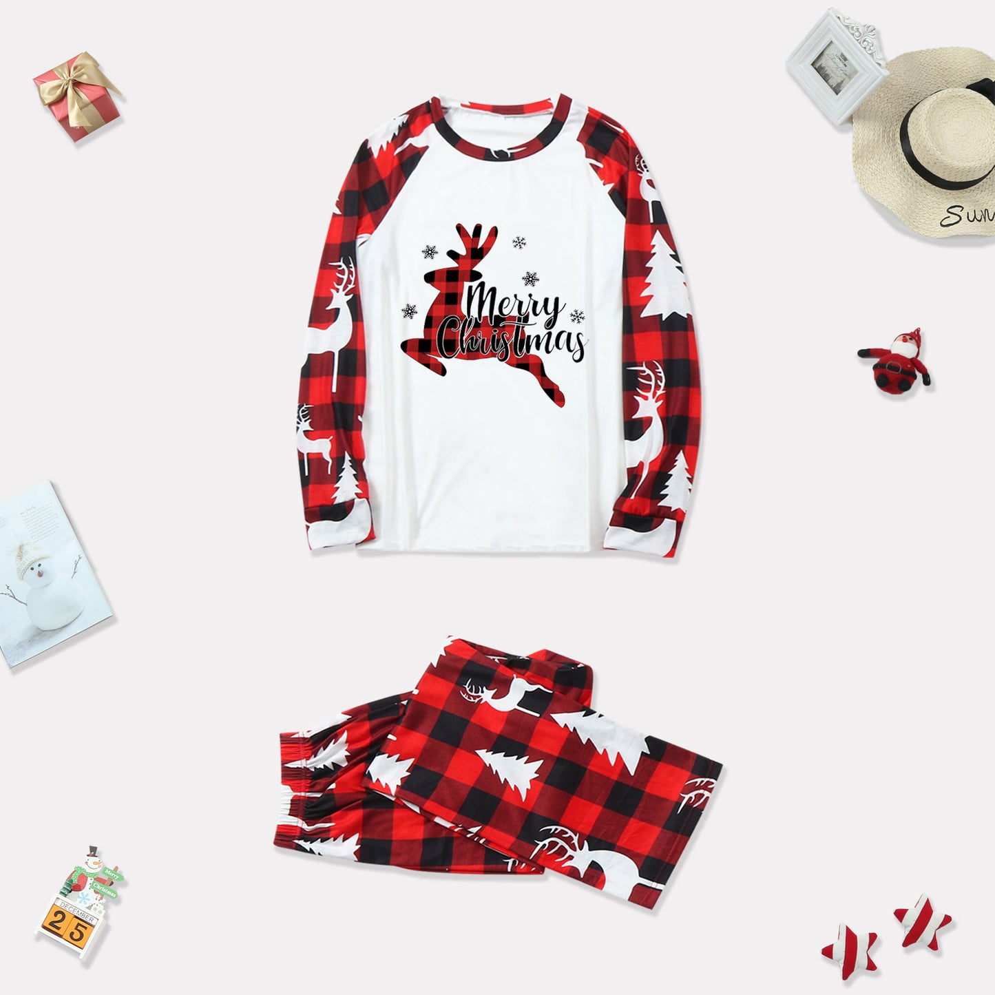 Merry Christmas Deer White and Red Plaid Christmas matching PJS set.