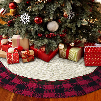 Knitted Ivory White Christmas Skirt with Buffalo Plaid Edges