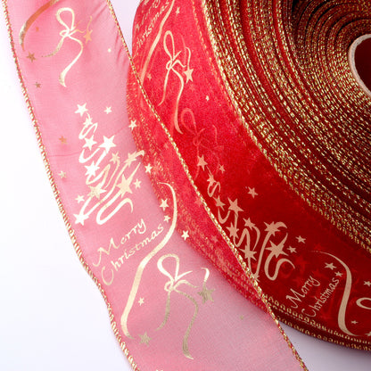 6.5ft Red and Gold organza wired sheer merry Christmas wired Ribbon