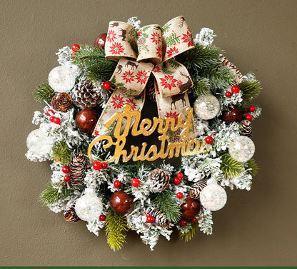 Front door Christmas wreath haven with ribbon and ornaments