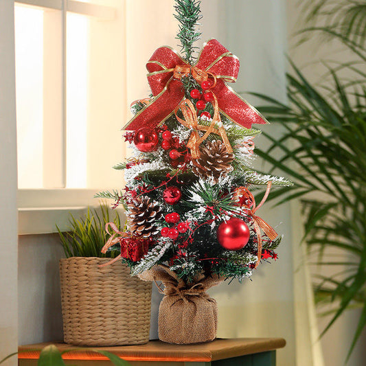 20" Snow Frosted Small Pine Mini Christmas Tree with ribbon and pinecones.