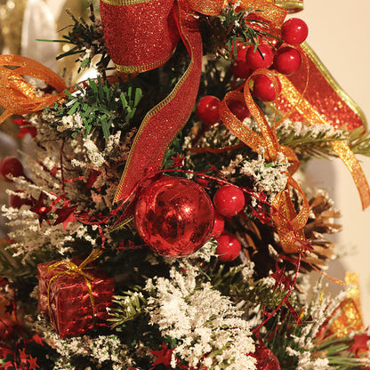 20" Snow Frosted Small Pine Mini Christmas Tree with ribbon and pinecones.
