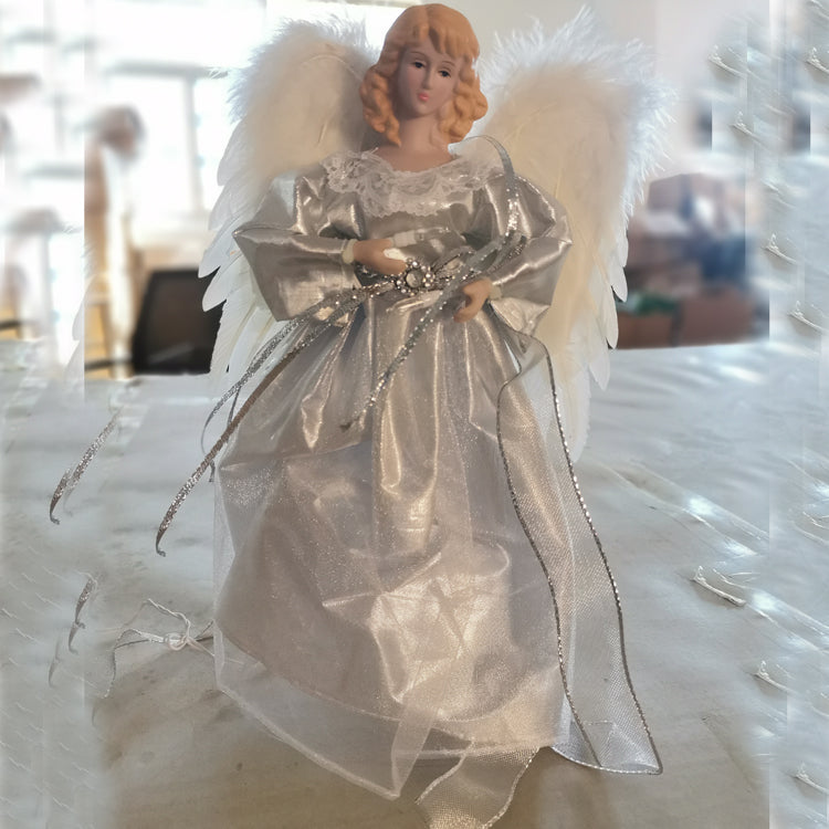 Silver LED Pre lit  Christmas Tree Topper Angel with Real Feather
