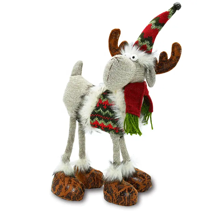 16.5-inch knitted beige and red hat xmas moose Tabletop decoration