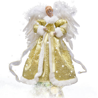 gold LED Pre lit  Christmas Tree Topper Angel with Real Feather