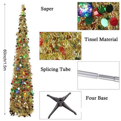 5ft Pop Up Slim Collapsible Tinsel Christmas Tree with Artificial Sequin