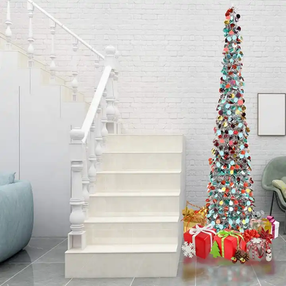 5ft Slim Pop Up Collapsible Artificial Tinsel Christmas Tree multicolour display with christmas gift boxes