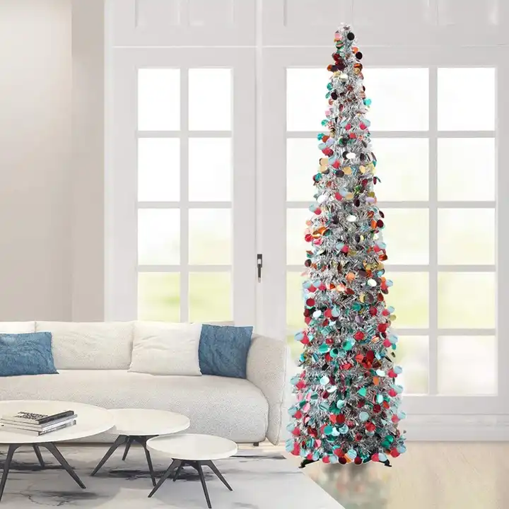 5ft Slim Pop Up Collapsible Artificial Tinsel Christmas Tree slim multicolour