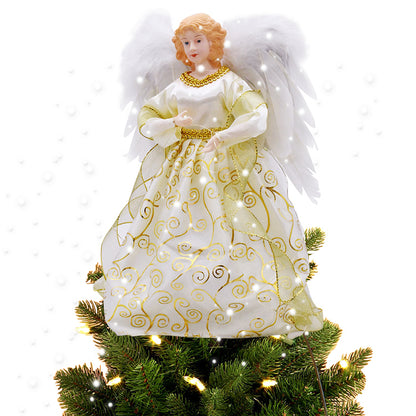 white and gold dress LED Pre lit  Christmas Tree Topper Angel with Real Feather