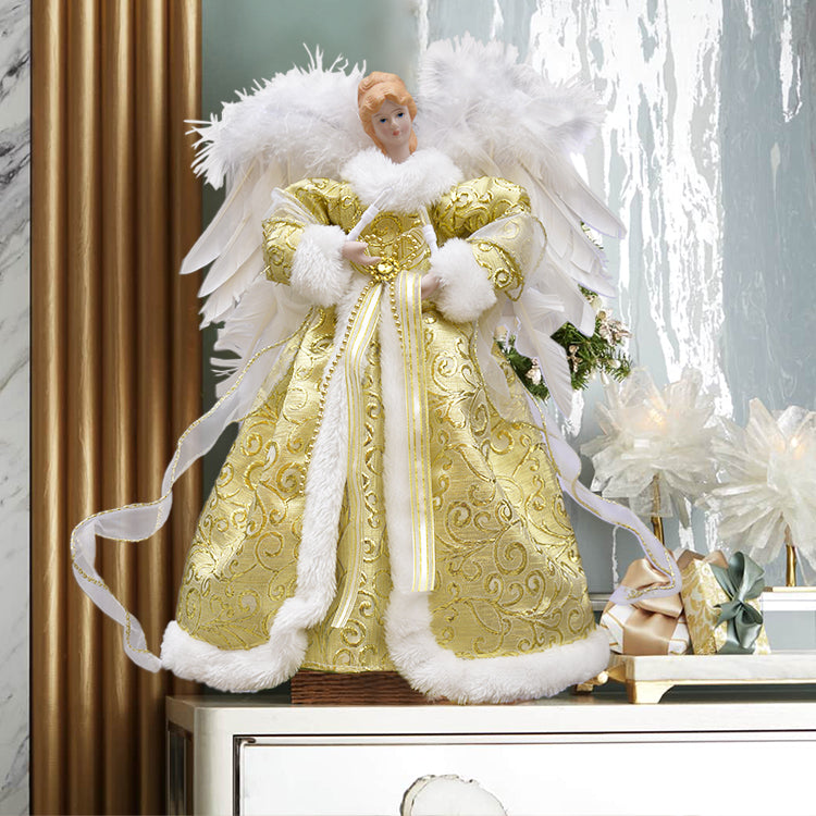 gold LED Pre lit  Christmas Tree Topper Angel with Real Feather demonstration picture