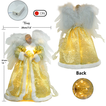 gold LED Pre lit  Christmas Tree Topper Angel with Real Feather product details and size 