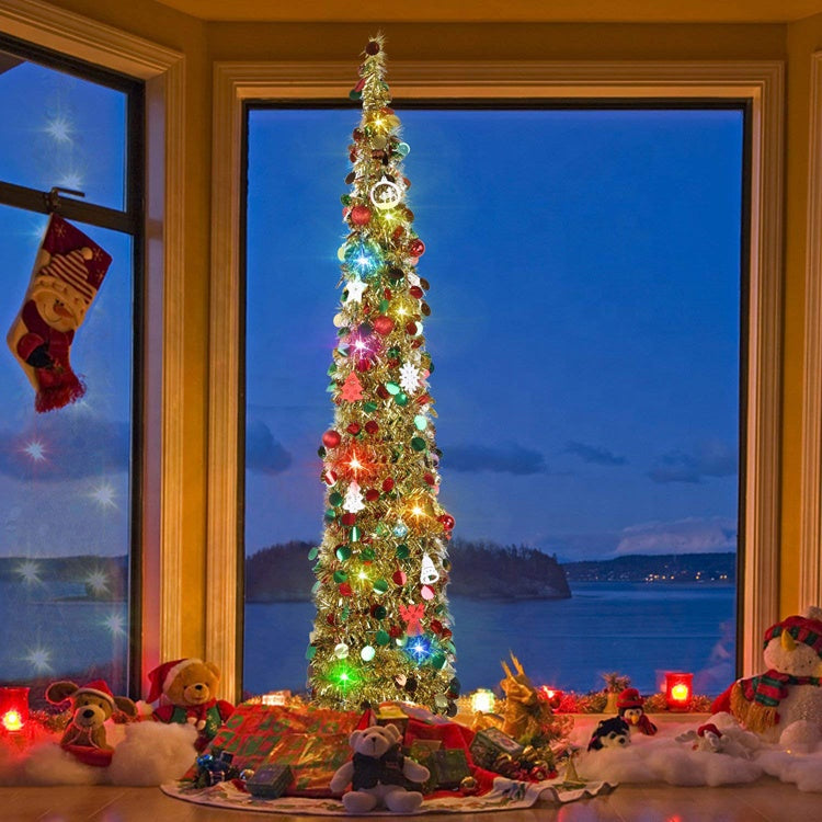 5ft Pop Up Slim Collapsible Tinsel Christmas Tree with Artificial Sequin